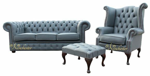 3 Sitzer Couch Ledersofa Chesterfiield + Ohrensessel Hocker 3 tlg.