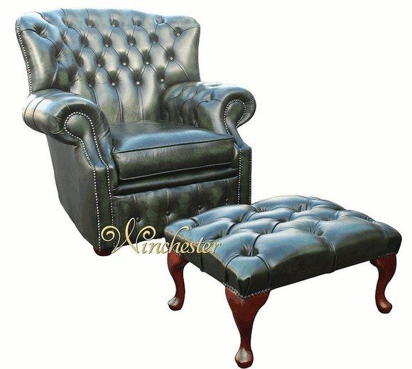 Chesterfield Ohrensessel 1 Sitzer + Hocker Designer Leder Sofa Couchen