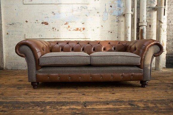 Braune 3 Sitzer Chestrerfield Leder Sofa Couch Polster Garnitur Textil