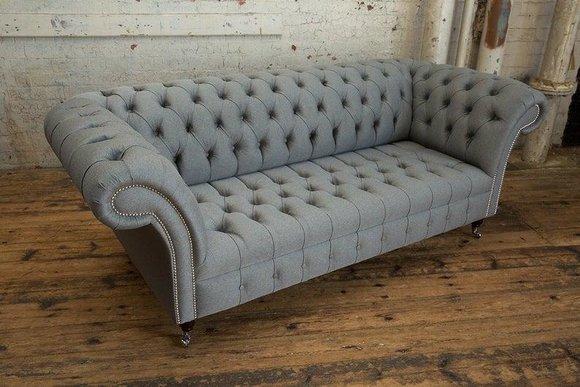 Graue Chesterfield Couch Textil Polster Sitz Garnitur Sofa Stoff Sofas 3 Sitzer