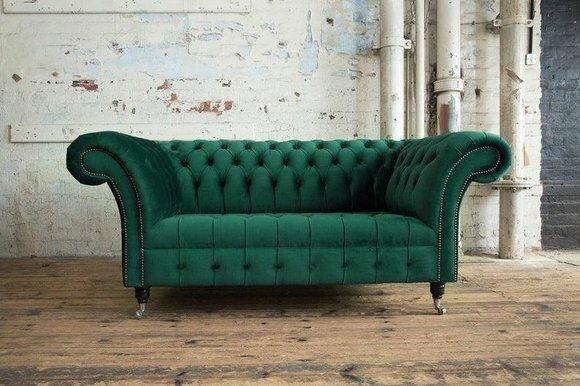 Grüne Designer Couch 2 Sitzer Chesterfield Samt Stoff Textil Sofa