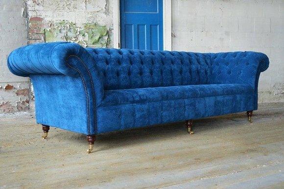 Blaue Chesterfield Couch Polster Textil 4 Sitzer XXL Big Sofa Couchen