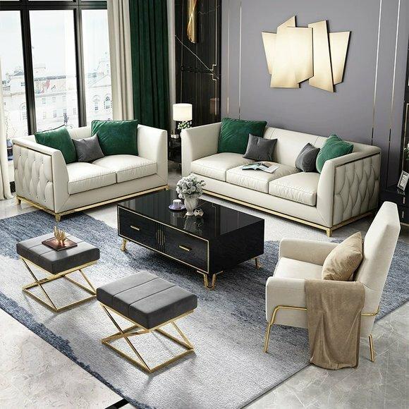 Sofa Polster Sitz Couch Garnitur Stoff Wohnzimmer Sofas Set 2tlg Hocker