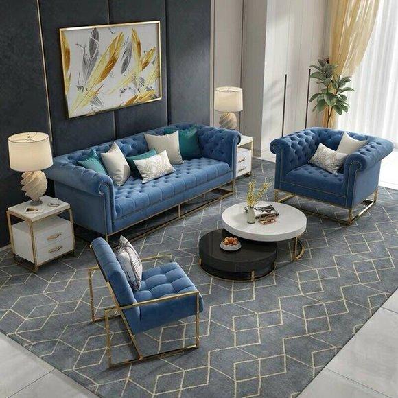 Chesterfield Edelstahl Couch Polster Sitz Garnitur Sofa 3+1+1 Leder