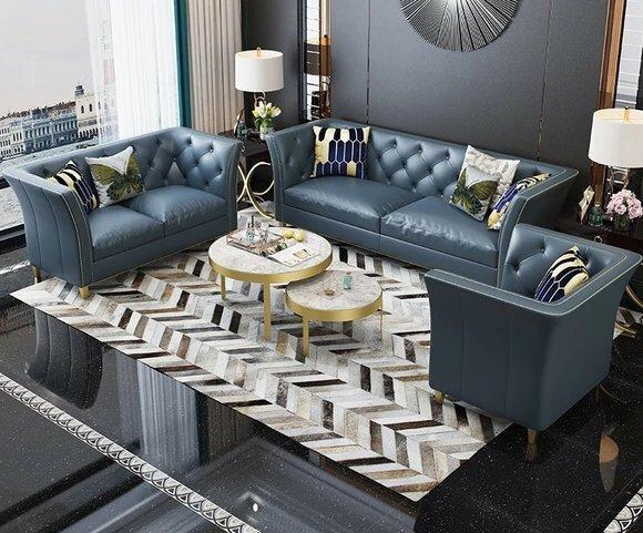 Dreisitzer Couch Polster Design Sofa 3er Sitz Sofas Zimmer Blau Chesterfield