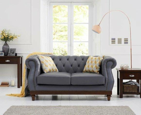 Klassische Leder Couch - Graue Chesterfield Stoff Sofa 2 Sitzer Neu