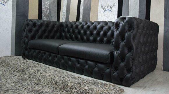 Schwarze Chesterfield 3 Sitzer Couch Sofa 100% Vollleder Designer