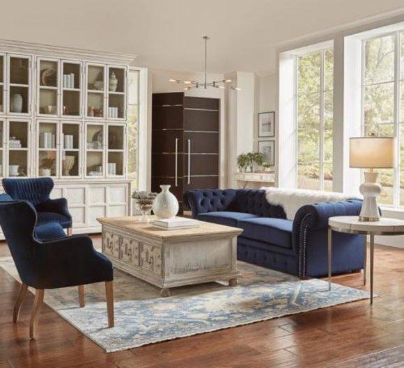 Klassische Wohnzimmer Couch - Blaue Chesterfield Stoff Sofa 3 Sitzer