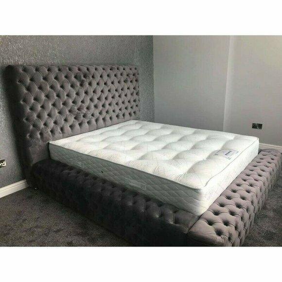 Chesterfield Bett Schlafzimmer Betten Textil 180x200cm Samt Big Hotel Grau