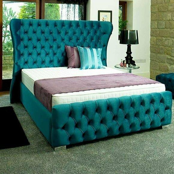 Chesterfield Turkis Grün Designer Bett Schlafzimmer Textil Leder Polster