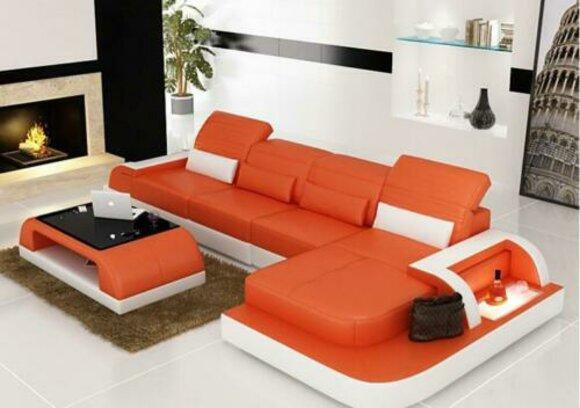 Wohnlandschaft Ecksofa Ledersofa Eck Couch Sofa mit Regal Polster Led