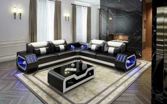 LED Beleuchtete Ecksofa Wohnzimmer Leder Couch Sitz Polster