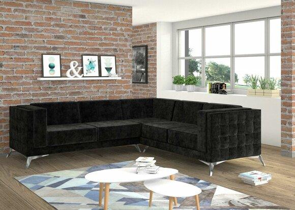 Schwarze Samt Design Ecksofa Chesterfield Sofa Couch Wohnlandschaft