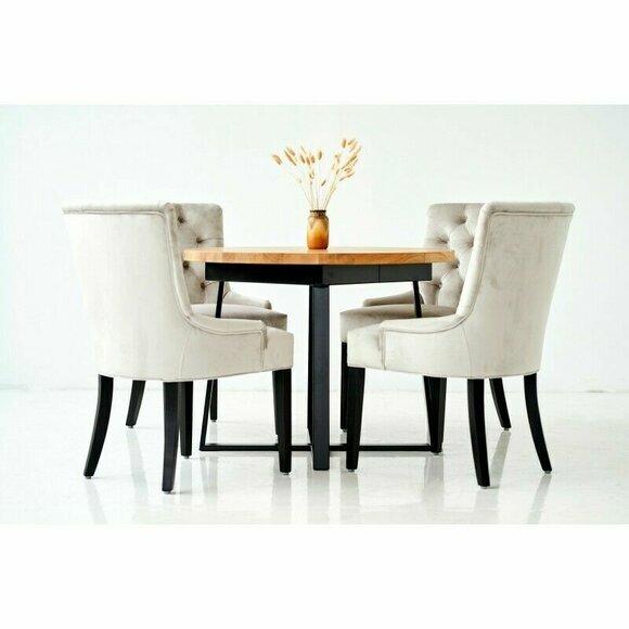 Design Esszimmer Tisch + 6 Chesterfield Lehnstühle Sitz Gruppe Stühle Holz