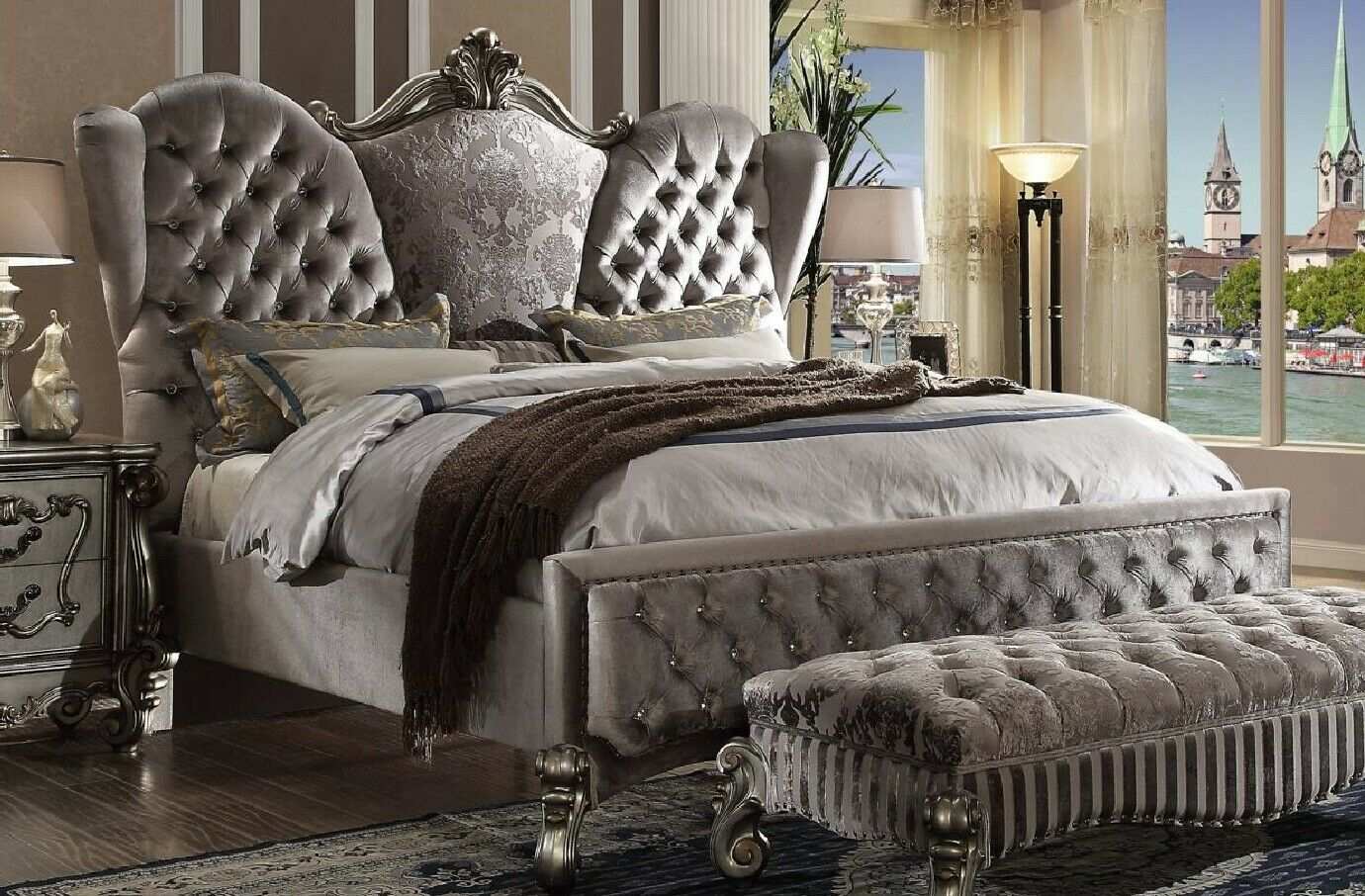 Bett Polsterbett Luxus Doppel Schlafzimmer Barock Holz Leder Betten
