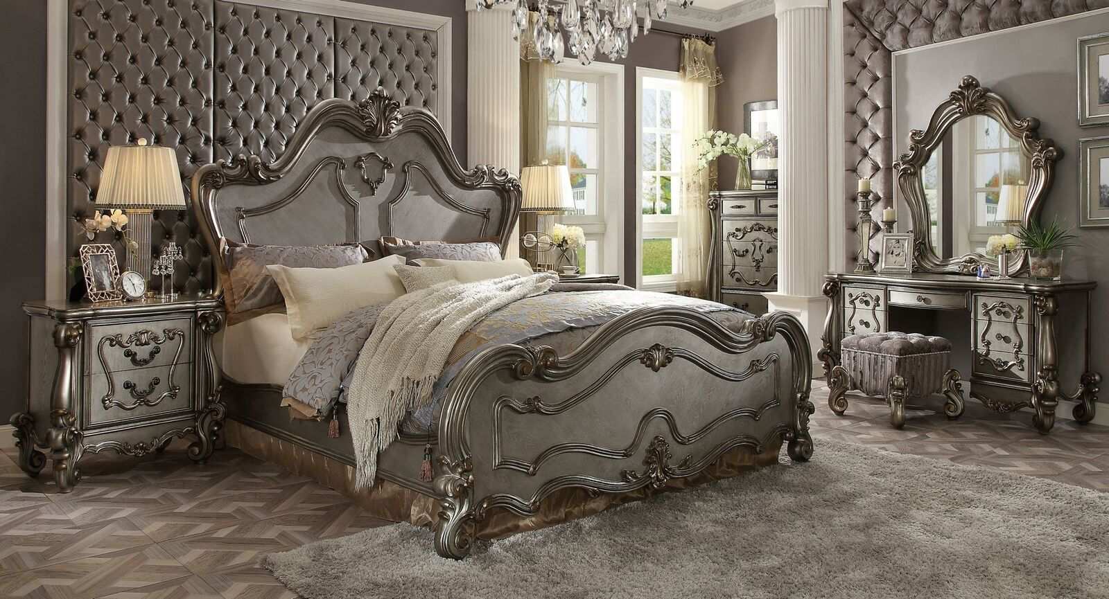 Chesterfield Barock Bett Doppelbett 2x Nachttische Holz Design Betten 3 tlg Set