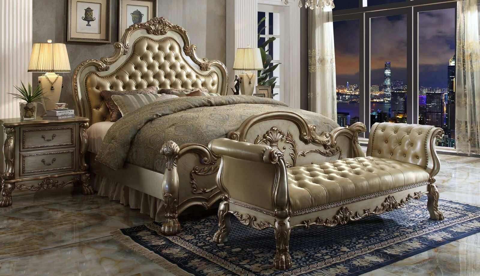 Chesterfield Leder Luxus Betten Bett 2x Nachttische Hocker Doppelbett 4tlg.Set