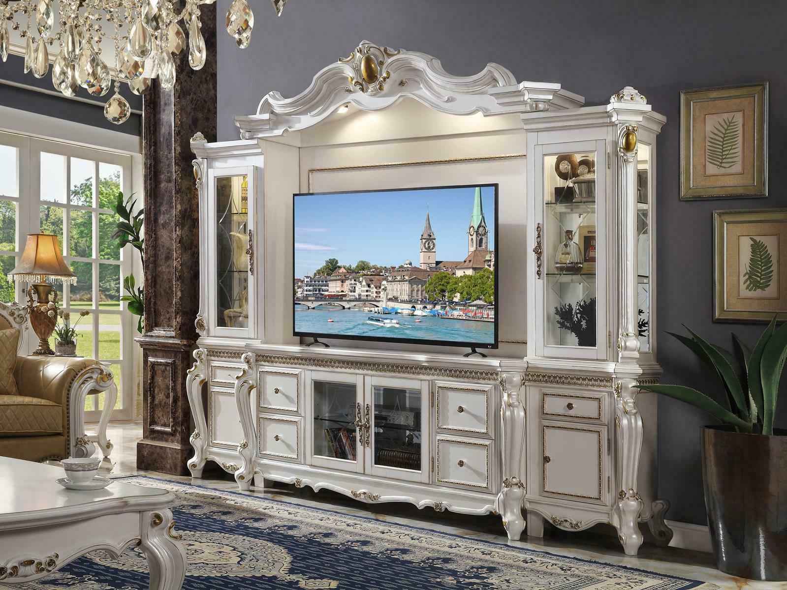 Fernseh Wand Klassisch Wohnwand Echt Handarbeit Holz Vitrine Regal