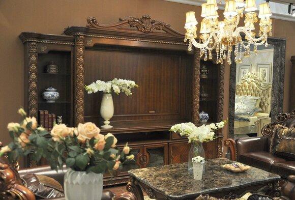 Fernseh Wand Klassisch Wohnwand Echt Handarbeit Holz Vitrine Regal Barock