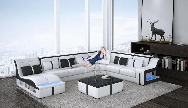Design Ecksofa U-form Beleuchtet Couch Leder Textil Sofa Neu