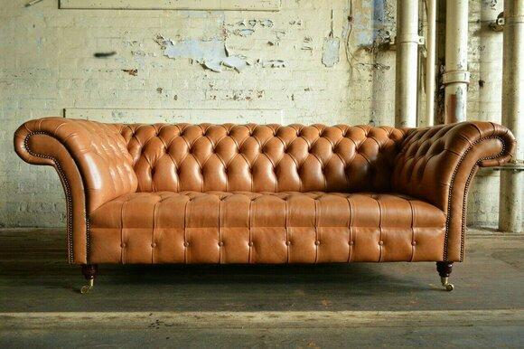 Sofa 3 Sitzer Orange Ledersofa Couchen Couch Chesterfield Garnitur Leder