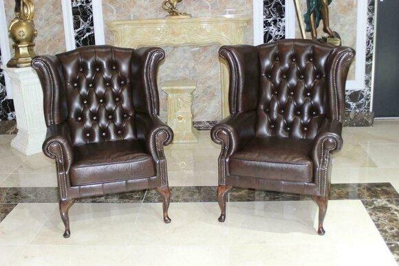 Chesterfield Ohrensessel Echtleder Sessel Sofa Polster Sitz Loung Braun