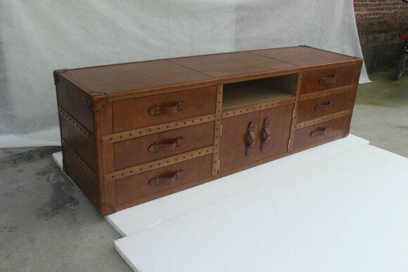 Vintage Kommode Sideboard Leder TV Lowboard Truhe Old Look Style Koffer