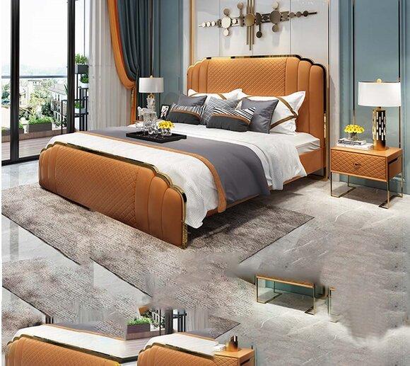 Design Schlafzimmer Lederbett 3tlg. Set 2x Nachttisch Betten Luxus Möbel