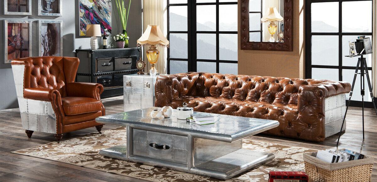 Ledersofa Sofa 3 Sitzer Vintage Leder Möbel Dreisitzer Couch Aluminium