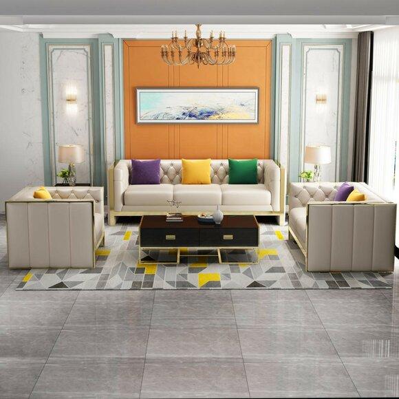 Sofagarnitur mit Polster Sofa Sitz Leder Garnitur 3+2 Sitzer Modern Weiß