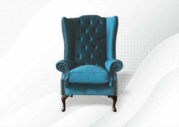 Chesterfield Sessel Blau Textil Stoff Ohrensessel Möbel Wohnzimmer Modern Luxus