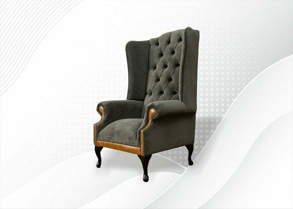 Chesterfield Sessel Grau Neu Wohnzimmer Modern Textil Stoff Ohrensessel