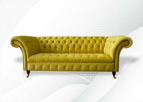 Chesterfield 3 Sitzer Sofa Gelb Dreisitzer Textil Wohnzimmer Stoff Luxus