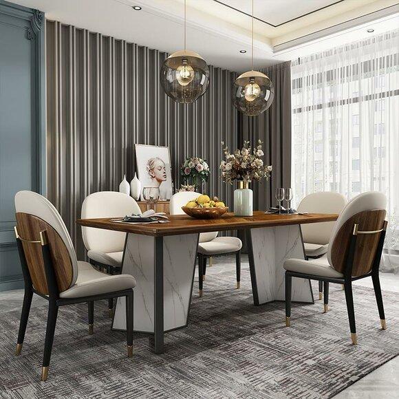 Tisch Esszimmer Garnitur Esstisch Stuhl Set 7tlg. Leder Edelstahl Lehn Stühle