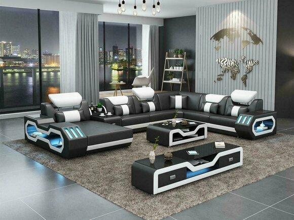 Ecksofa U-Form Couchtisch Couch Design Grau Polster Leder Modern Wohnlandschaft