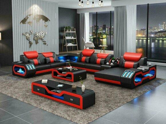 Wohnlandschaft Couch Polster Sofa Garnitur 3tlg. Set Couchtisch Sideboard Leder
