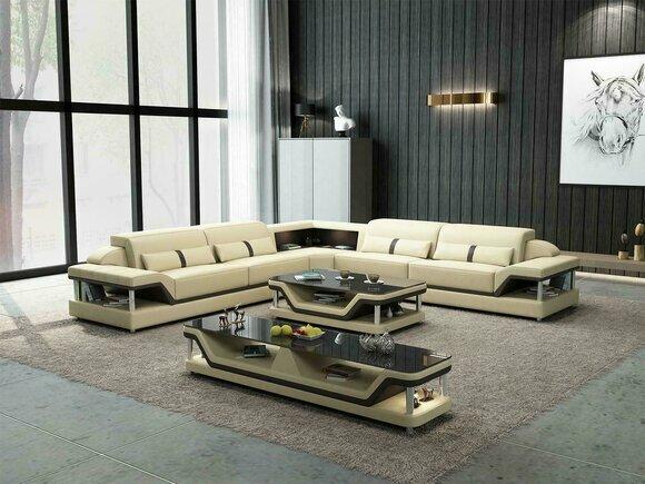Ecksofa Schwarz mit Couchtisch 3tlg. Wohnzimmer Ledersofa Set Eckgarnitur Tisch