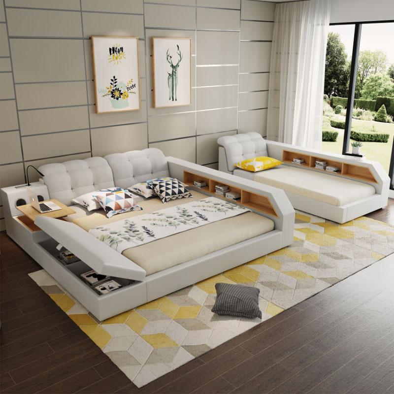 Design Leder Betten Hotel Doppel Ablage Regal 180x200 Multifunktions Bett