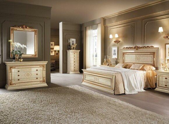 Möbel Schlafzimmer Set Design Bett 2x Nachttisch Kommode Spiegel 6tlg. Italien