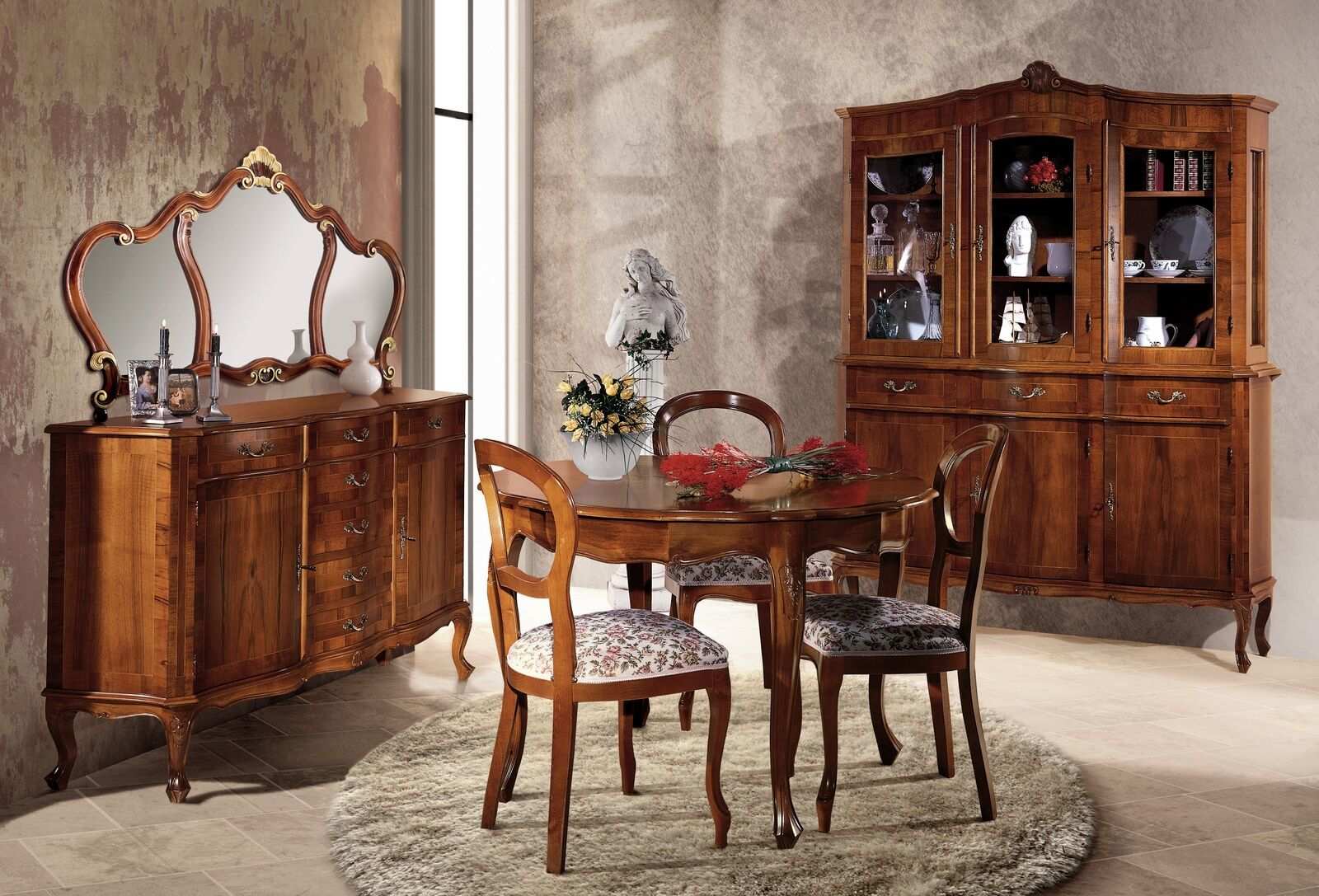 Luxus Esszimmer Set Garnitur 7tlg Braun Holz Möbel Kommode Stuhl Tisch Vitrine