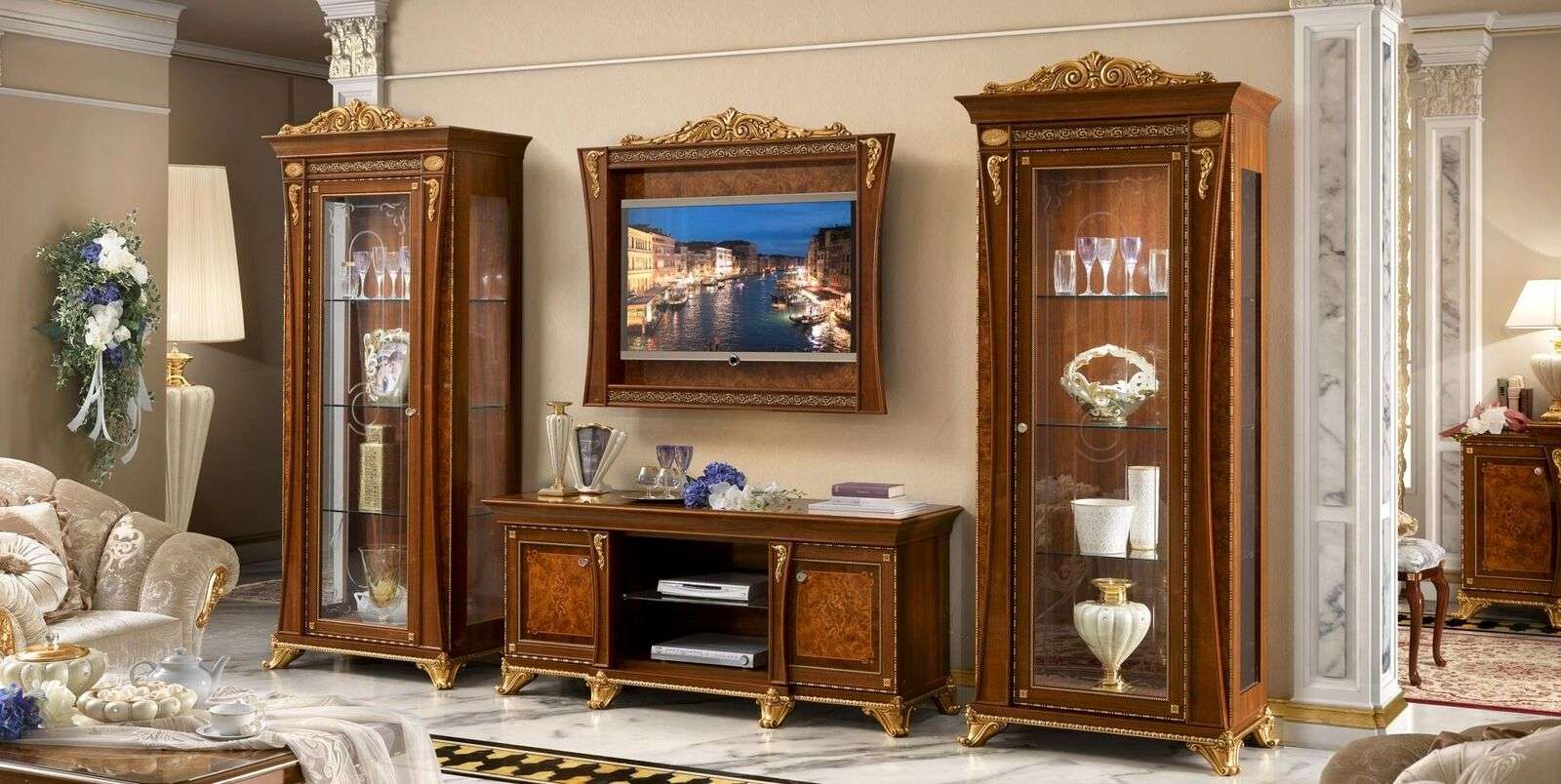 Set 4tlg. Wohnzimmer rtv 2x Vitrine tv Rahmen Holz Luxus Garnitur Gruppe Italien