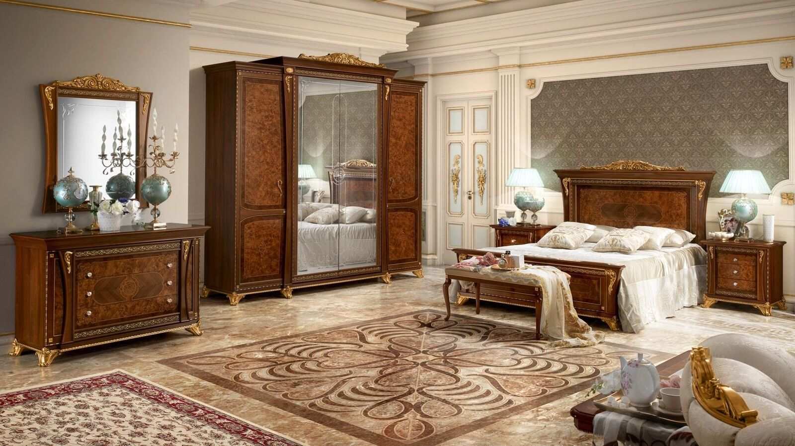 Barock Rokoko Luxus Set Betten Sets Nachttisch Kleiderschrank 7 tlg.Schlafzimmer