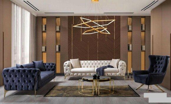 Sofagarnitur Blau Sofa Luxus Sofas Sessel 3+3+1 Sitzer Chesterfield Design Samt