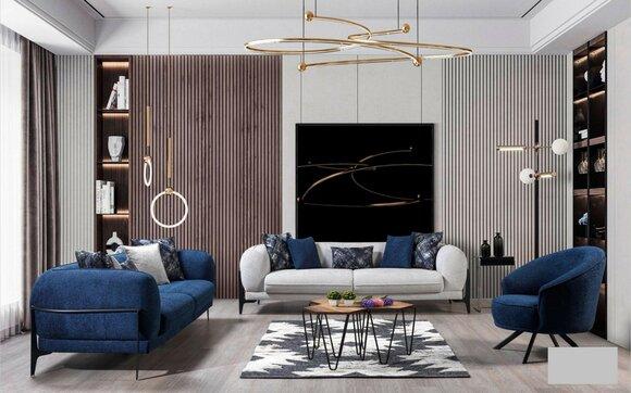 Luxus Sofagarnitur 3+3+1 Sitz Leder Modern Sofa Sessel Blau Sofas Set 3tlg Neu