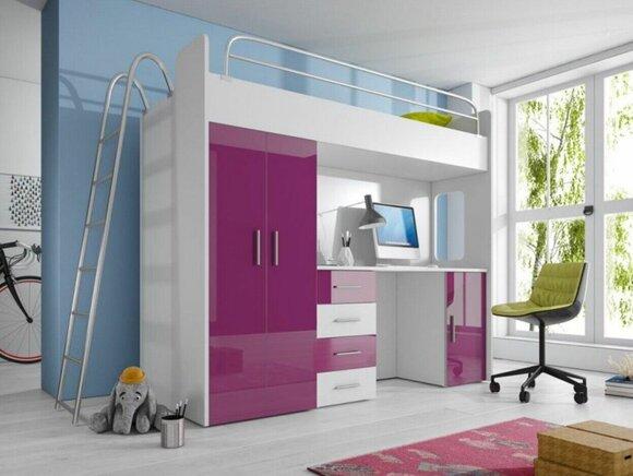 Lila Doppelstockbett Holz Etagen Bett Mädchen Hochglanz mit Schreibtisch Schrank