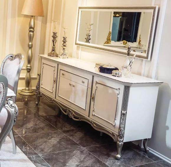 Sideboard Weiß Silber Anrichte Konsolen Italienischer Stil 2tlg. Spiegel