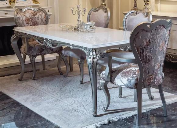 Klassischer Esstisch Silberne Tische Barock Rokoko Esszimmer Möbel Weiß