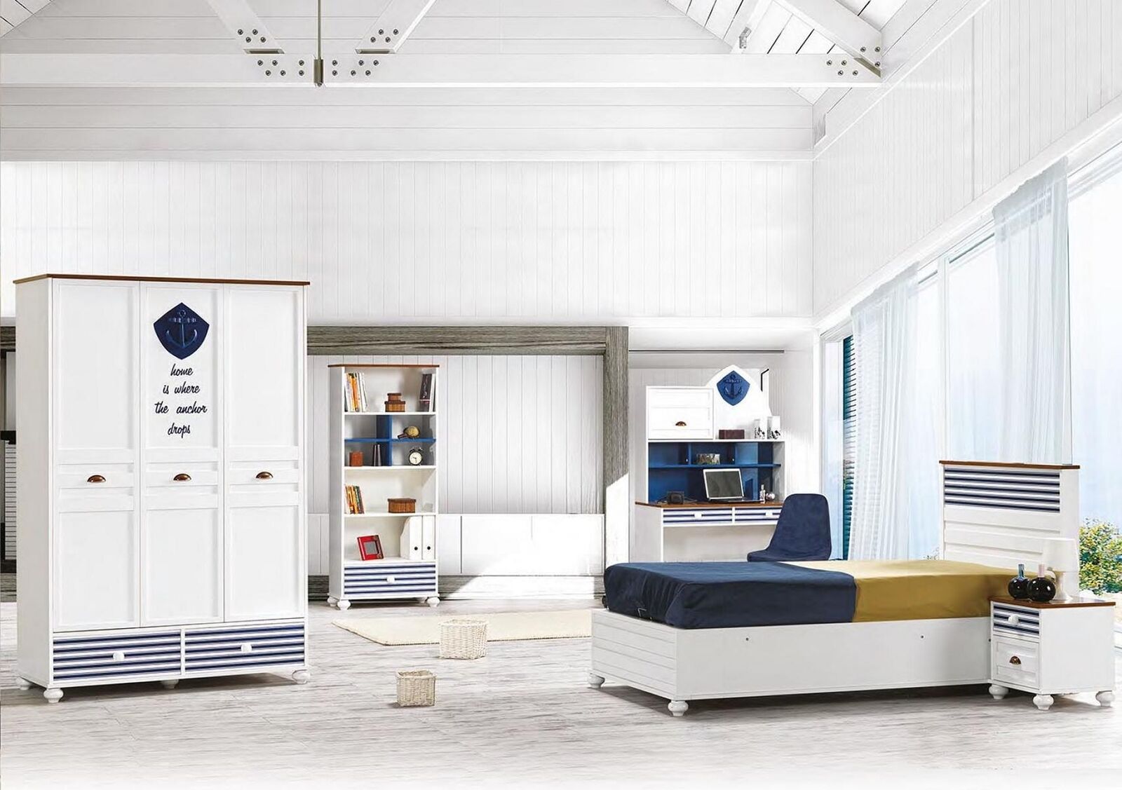 Landhaus Weiß Blau Schlafzimmer Jugendzimmer Kinderzimmer Tisch Regal Schrank