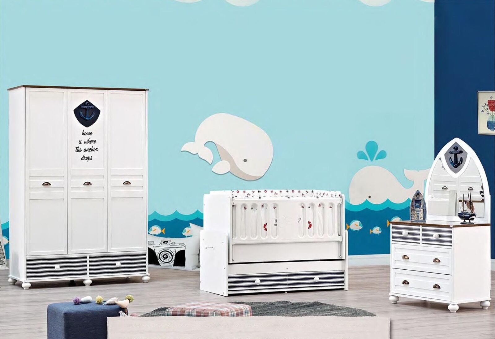 Säuglings Schlafzimmer Kinderzimmer Baby Schlafzimmer Kommode Bett Schrank 3tlg