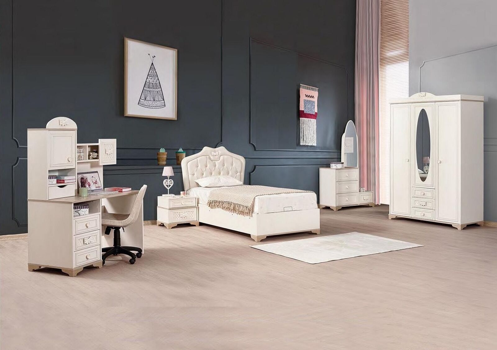 Landhaus Schlafzimmer 5-tlg weiß Klassisches Möbel Set Schrank Bett Schreibtisch